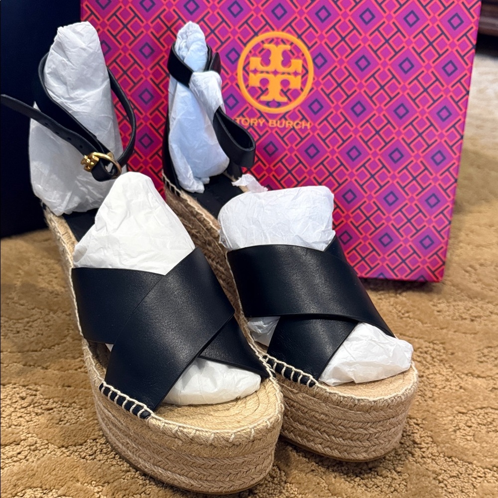Tory Burch Selby 105mm wedge Espadrille shoes NWB Vegan Leather size 9